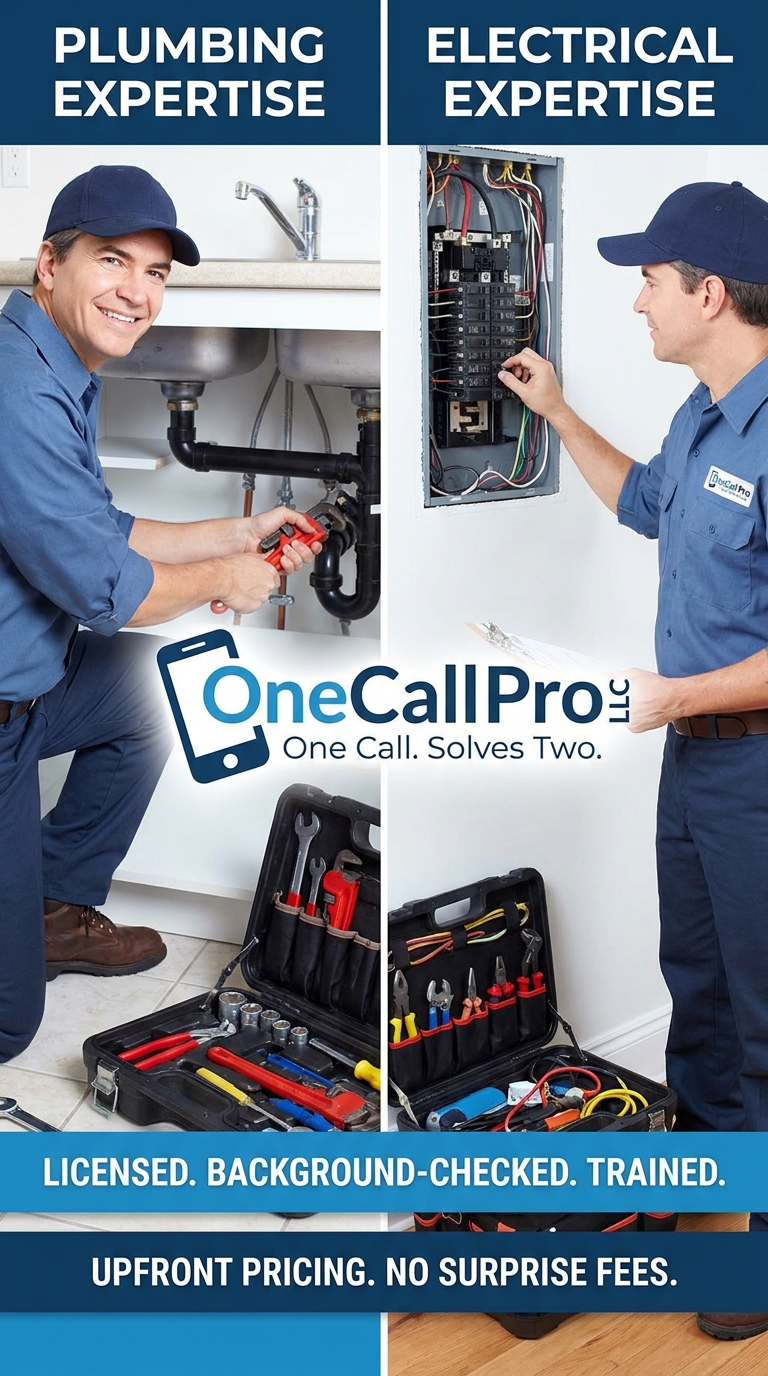 OneCall Pro LLC — plumbing and electrical expertise, licensed, background-checked and trained, with upfront pricing and no surprise fees